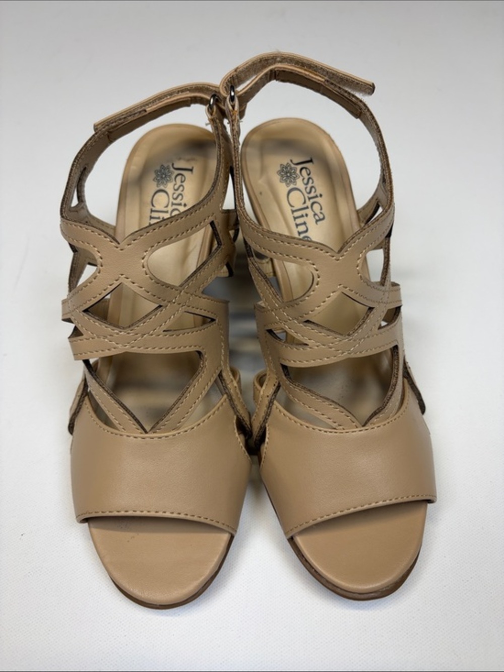 JESSICA CLINE MARCEL TAUPE CAGED PEEP TOE HEELS SIZE 6M